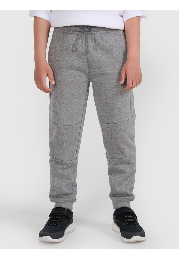 4f - 4F Spodnie dresowe joggery chłopięce - szare 134 (8-9 lat). Okazja: na co dzień. Kolor: szary. Materiał: dresówka. Wzór: gładki, ze splotem. Sezon: lato. Styl: młodzieżowy, casual, sportowy