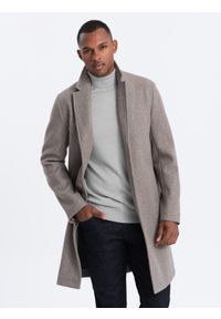 Ombre Clothing - Męski lekki płaszcz jednorzędowy - jasnobrązowy V4. Kolor: brązowy. Materiał: poliester, materiał. Wzór: melanż