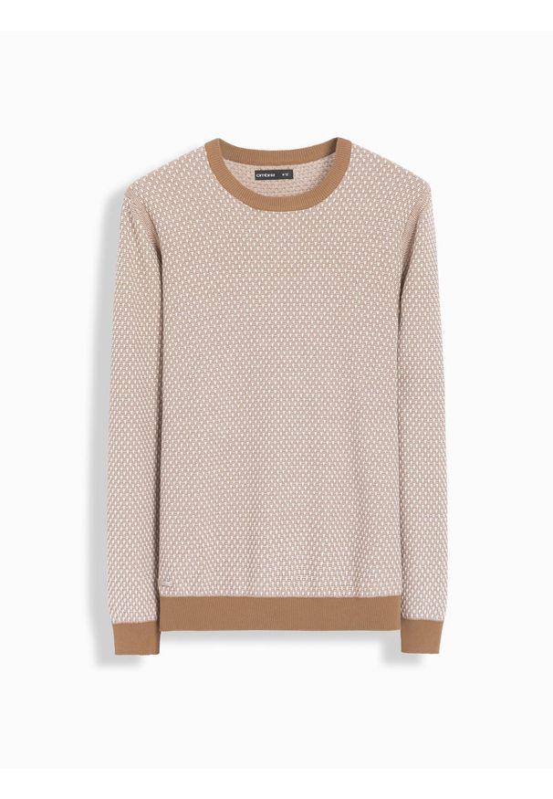 Ombre Clothing - Sweter męski dzianinowy RELAXED FIT we wzory – jasnobrązowy V3 OM-SWSW-0111 - XXL. Okazja: na co dzień. Kolor: brązowy. Materiał: dzianina. Wzór: ze splotem. Styl: casual
