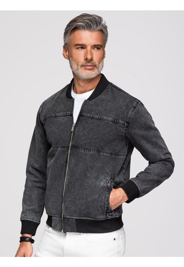 Ombre Clothing - Męska jeansowa kurtka bomberka z efektem stone wash – czarna V2 - Rozmiar: L. Kolor: czarny. Materiał: jeans. Styl: klasyczny, retro, sportowy