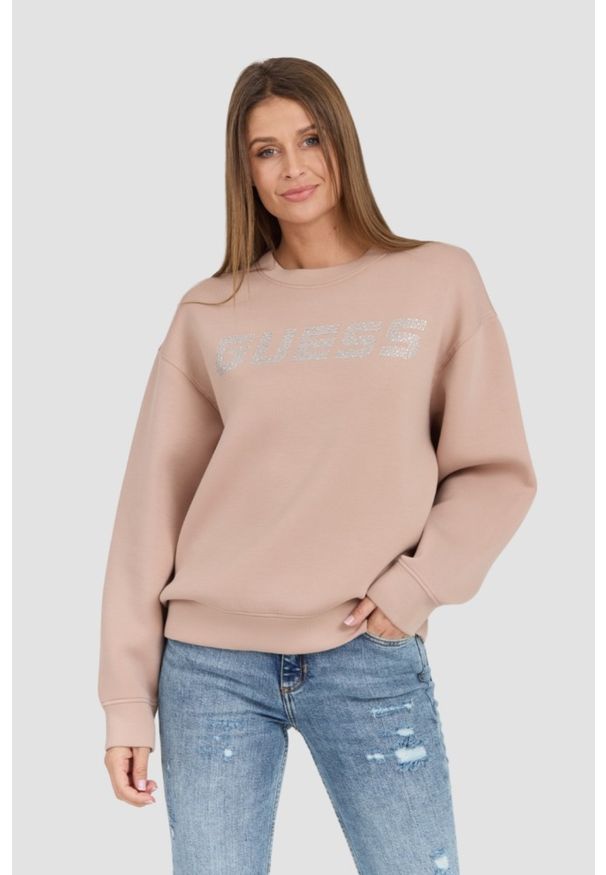 Guess - GUESS Beżowa damska bluza z cyrkoniami Cecilia, Rozmiar L. Kolor: czarny. Materiał: wiskoza, elastan, poliamid, materiał. Długość rękawa: długi rękaw. Długość: długie. Styl: elegancki