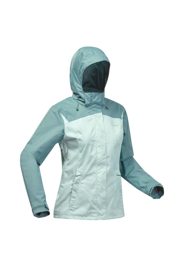 quechua - Kurtka turystyczna damska Quechua MH100 wodoodporna. Kolor: zielony. Materiał: materiał, tkanina