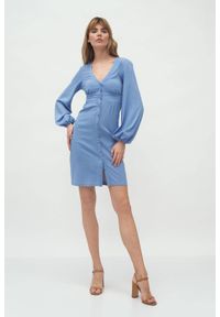 Nife - Niebieska sukienka z odcięciem pod biustem bufiaste rękawy. Okazja: na spotkanie biznesowe. Kolor: niebieski. Materiał: materiał. Styl: biznesowy #3
