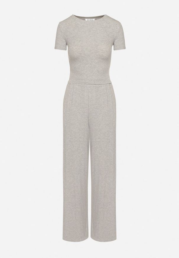 Born2be - Szary Bawełniany Komplet Dopasowany T-shirt i Szerokie Spodnie Neliava. Kolor: szary. Materiał: bawełna