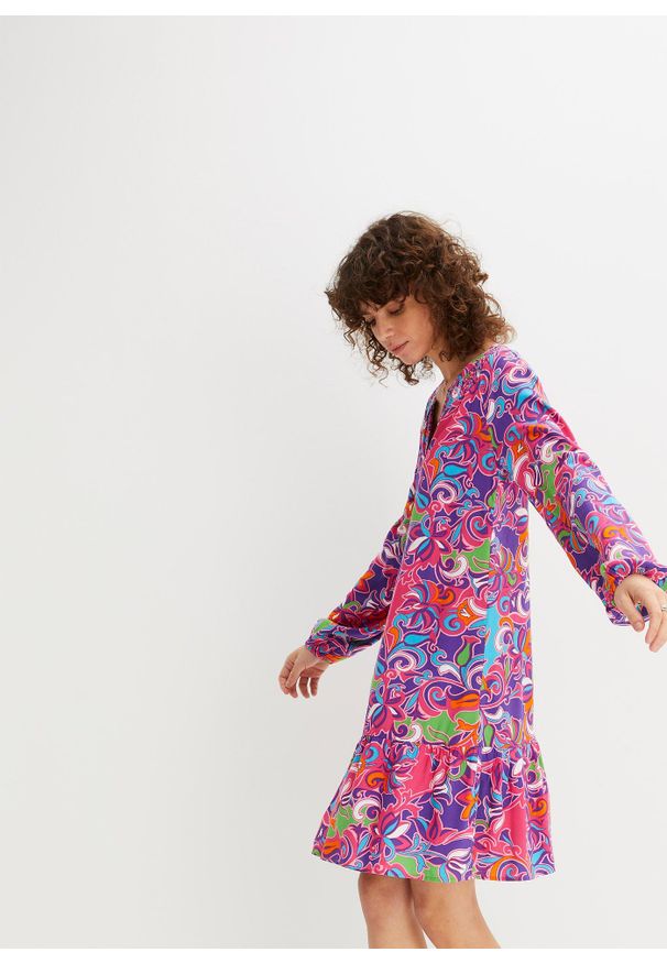 bonprix - Sukienka tunikowa z lejącej wiskozy. Kolor: różowy. Materiał: wiskoza. Wzór: nadruk. Styl: elegancki