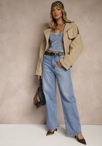 Renee - Beżowa Dwurzędowa Kurtka w Stylu Trencza o Krótkim Kroju z Paskiem Stellis. Okazja: na co dzień. Kolor: beżowy. Materiał: jeans, poliester. Długość: krótkie. Styl: klasyczny, casual #3