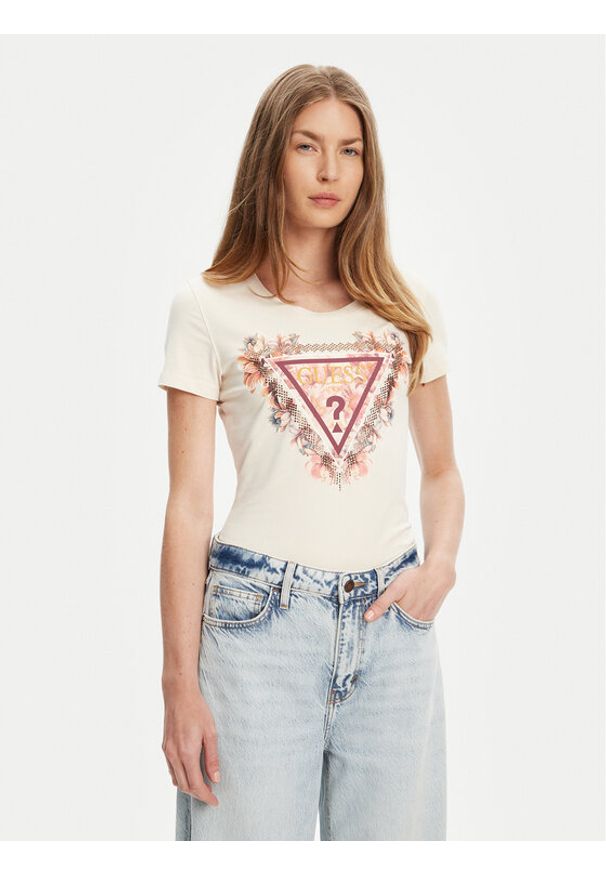 Guess T-Shirt W5YI08 J1314 Écru Regular Fit. Materiał: bawełna