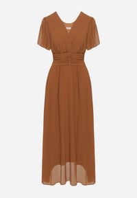 Born2be - Brązowa Kopertowa Sukienka Maxi z Gumką w Pasie Narlin. Okazja: na wesele, na studniówkę, na ślub cywilny. Typ kołnierza: dekolt w serek. Kolor: brązowy. Typ sukienki: kopertowe. Styl: klasyczny. Długość: maxi #2