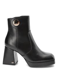 CheBello - Czarne Botki Chebello Modne Skórzane Buty Na Obcasie. Kolor: czarny. Materiał: skóra. Wzór: aplikacja. Obcas: na obcasie. Wysokość obcasa: średni #5