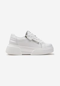 Renee - Białe Skórzane Sneakersy na Platformie z Ozdobnym Suwakiem z Boku Leomiana. Kolor: biały. Materiał: skóra. Obcas: na platformie #2