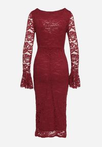 Born2be - Bordowa Dopasowana Sukienka z Koronki z Rozszerzanymi Rękawami Selathea. Kolor: czerwony. Materiał: koronka. Wzór: koronka. Styl: klasyczny, elegancki, wizytowy #7