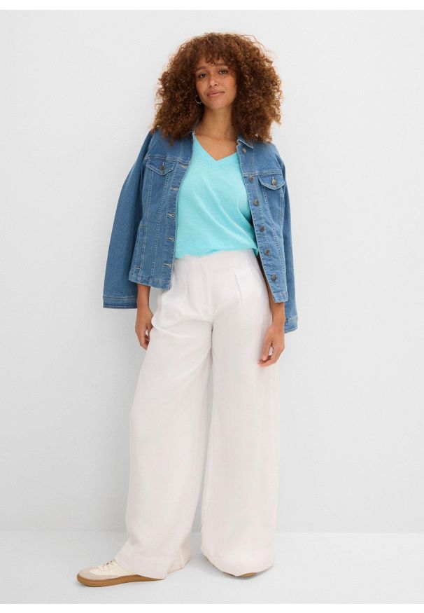 bonprix - T-shirt z czystej bawełny. Typ kołnierza: dekolt w serek. Kolor: niebieski. Materiał: bawełna. Długość rękawa: krótki rękaw. Długość: krótkie