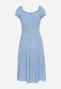 Born2be - Niebieska Bawełniana Sukienka w Drobne Kwiaty z Gumkami w Talii Fielita. Kolor: niebieski. Materiał: bawełna. Długość rękawa: krótki rękaw. Wzór: kwiaty. Sezon: lato. Styl: elegancki #4