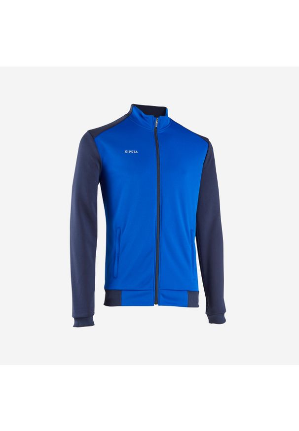 KIPSTA - Bluza treningowa do piłki nożnej dla dzieci Kipsta Essential. Typ kołnierza: komin. Kolor: niebieski. Materiał: tkanina, elastan, prążkowany, materiał, poliester. Sport: fitness, piłka nożna