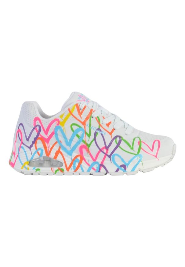 skechers - Damskie obuwie sportowe chodzenie Skechers Uno Highlight Love, Biały. Okazja: na co dzień, na spacer. Kolor: biały, wielokolorowy. Materiał: materiał, syntetyk. Sport: turystyka piesza