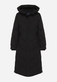 Born2be - Czarna Kurtka Pikowana o Długim Fasonie z Nieodpinanym Kapturem i Kieszeniami Nerilani. Okazja: na co dzień, na spacer. Kolor: czarny. Materiał: skóra. Długość: długie. Sezon: zima. Styl: casual, elegancki #7