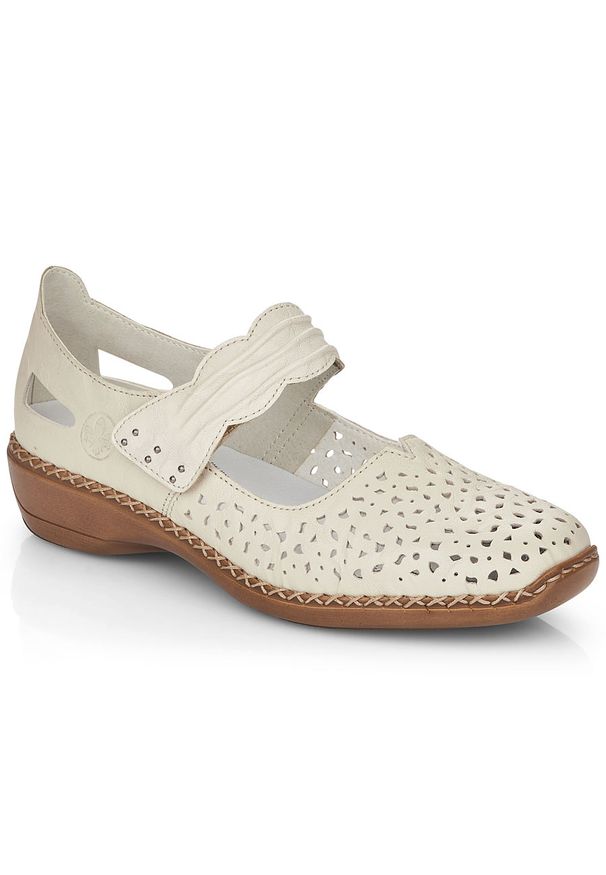 Skórzane półbuty damskie na rzep ażurowe beżowe Rieker 41399-60. Zapięcie: rzepy. Kolor: beżowy. Materiał: skóra. Wzór: ażurowy