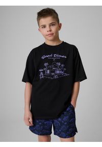 4f - 4F T-shirt loose z nadrukiem chłopięcy - czarny 134/140 (8-10 lat). Okazja: na co dzień. Kolor: czarny. Materiał: dzianina, skóra, bawełna. Wzór: nadruk. Sezon: lato. Styl: casual #1