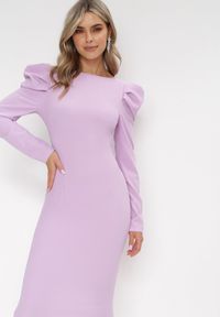Born2be - Fioletowa Sukienka Taliowana z Bufiastym Rękawem Liliowa Omono. Kolor: fioletowy. Długość: midi #3