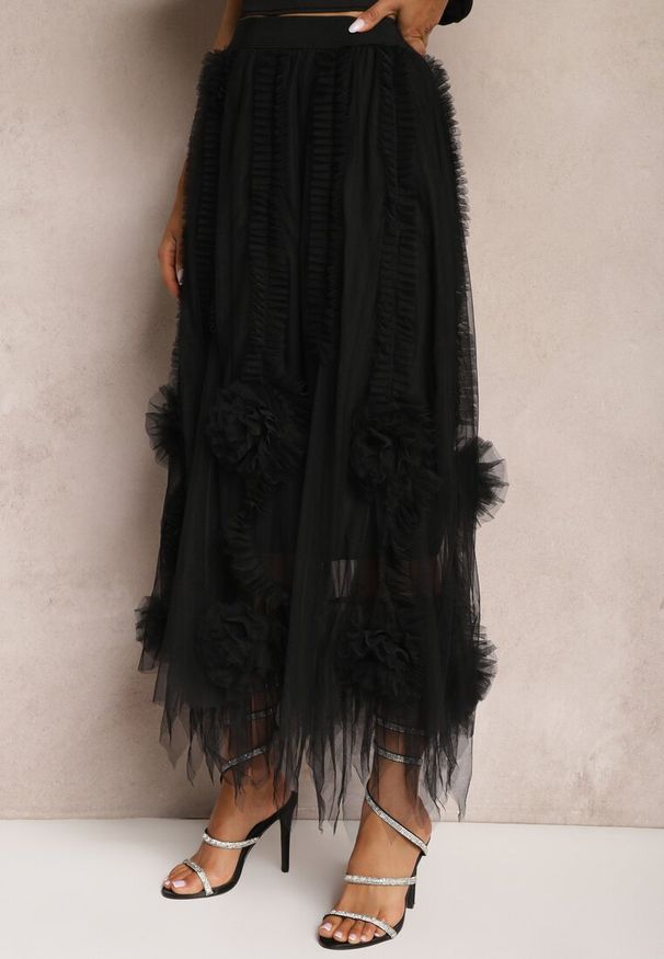 Renee - Czarna Spódnica High Waist z Gumką w Talii o Siateczkowym Wykończeniu Vikkissa. Stan: podwyższony. Kolor: czarny. Styl: elegancki