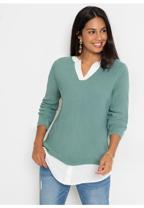 bonprix - Sweter z koszulową wstawką. Kolor: zielony. Długość rękawa: długi rękaw. Długość: długie
