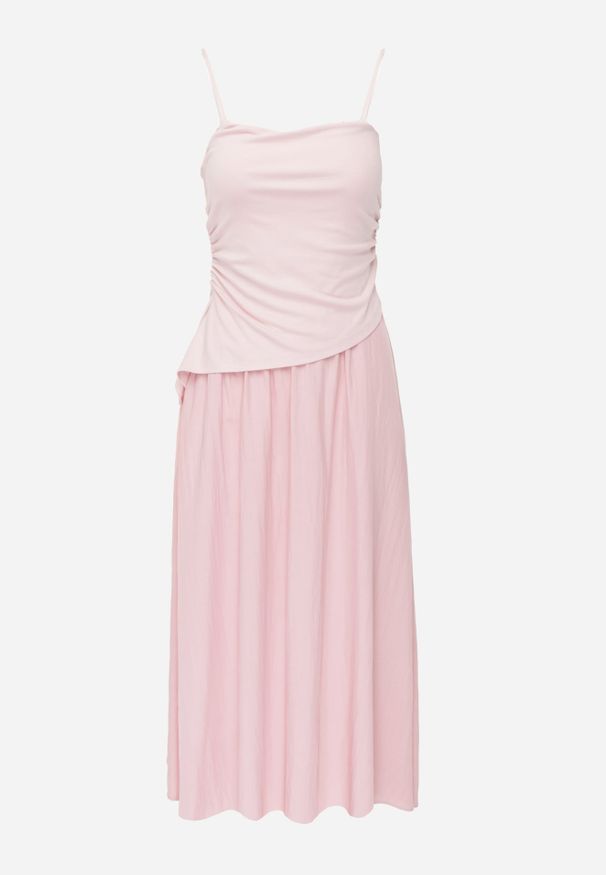 Renee - Różowa Sukienka z Bawełny na Ramiączkach z Asymetryczną Warstwą w Talii Petimelle. Okazja: na co dzień. Typ kołnierza: dekolt kwadratowy. Kolor: różowy. Wzór: gładki. Typ sukienki: asymetryczne. Materiał: bawełna. Długość rękawa: na ramiączkach. Sezon: lato. Styl: casual