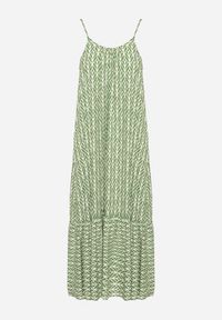 Born2be - Zielona Bawełniana Sukienka Rozkloszowana z Geometrycznym Wzorem Niladora. Okazja: na co dzień. Kolor: zielony. Materiał: bawełna. Długość rękawa: na ramiączkach. Wzór: geometria. Sezon: lato. Styl: casual #2