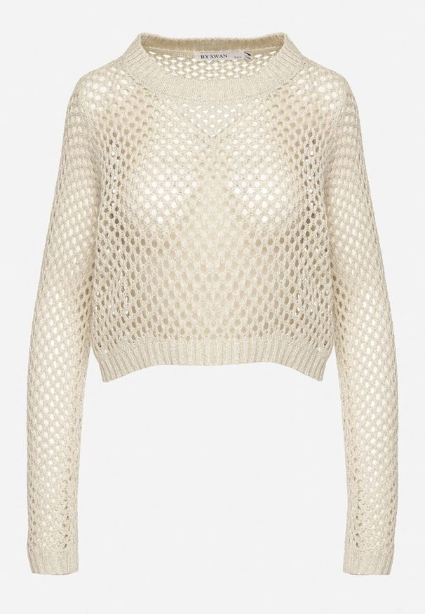 Born2be - Beżowy Sweter Ażurowy o Krótkim Kroju z Metaliczną Nitką Pilliselia. Okazja: na co dzień, na spacer. Kolor: beżowy. Materiał: jeans. Długość rękawa: długi rękaw. Długość: krótkie. Wzór: ażurowy. Sezon: wiosna. Styl: casual