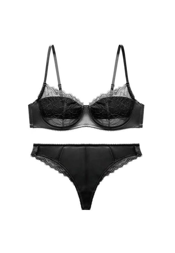 Intica - Komplet bielizny koronkowej z satynowym wykończeniem na romantyczne wieczory Leatha. Kolor: czarny. Materiał: satyna, koronka. Wzór: koronka