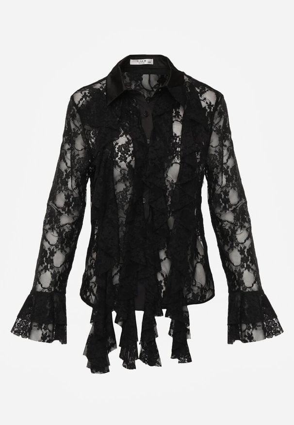 Renee - Czarna Wiskozowa Koronkowa Koszula z Bawełną i Falbanami Oraeno. Kolor: czarny. Materiał: wiskoza, bawełna, koronka