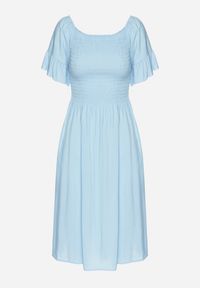 Born2be - Jasnoniebieska Rozkloszowana Sukienka Bawełniana z Bufiastymi Rękawami i Elastyczną Górą Veliova. Okazja: na co dzień. Kolor: niebieski. Materiał: bawełna. Styl: casual, elegancki #3