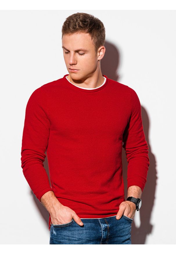 Ombre Clothing - Sweter męski E121 - czerwony - XXL. Okazja: na co dzień. Kolor: czerwony. Materiał: bawełna. Styl: casual, klasyczny, elegancki