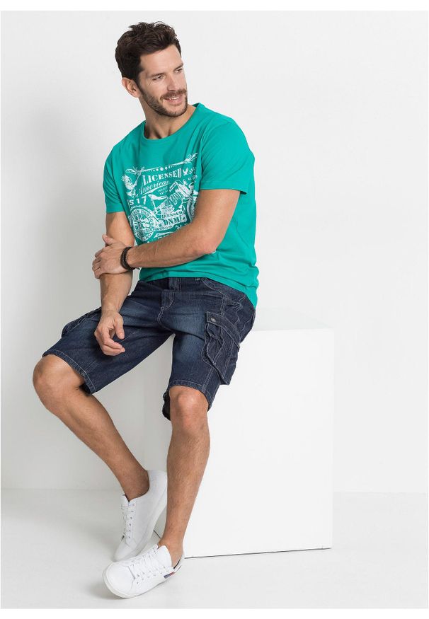 bonprix - Bermudy dżinsowe bojówki, regular fit. Kolor: niebieski. Wzór: aplikacja. Styl: elegancki