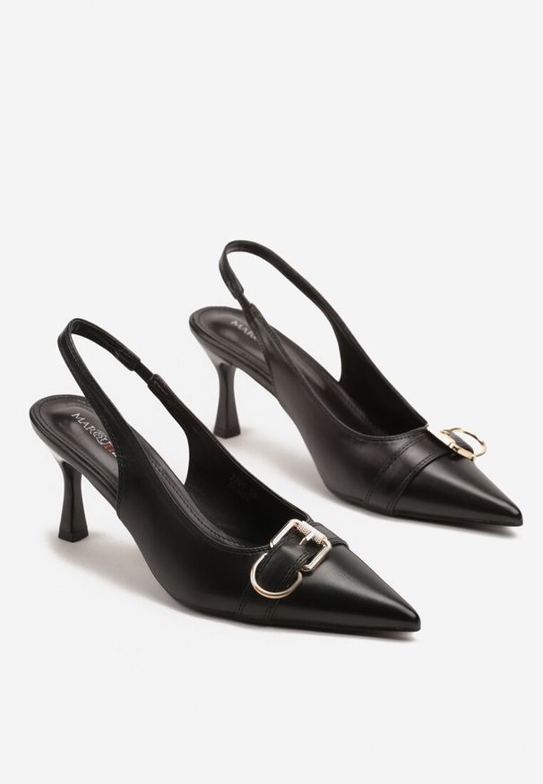 Renee - Czarne Sandały na Szpilce Slingback Ozdobione Metaliczną Klamrą Zeornna. Okazja: na co dzień. Zapięcie: klamry. Kolor: czarny. Wzór: aplikacja. Obcas: na szpilce. Styl: elegancki, casual