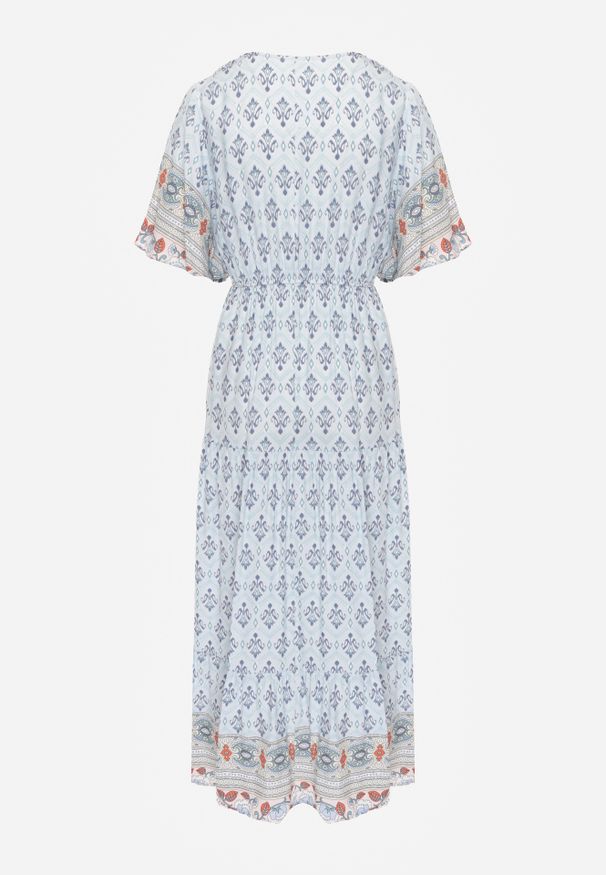 Renee - Jasnoniebieska Sukienka Maxi z Krótkim Rękawem i Gumką w Talii Emaya. Kolor: niebieski. Materiał: wiskoza, tkanina. Długość rękawa: krótki rękaw. Styl: boho. Długość: maxi