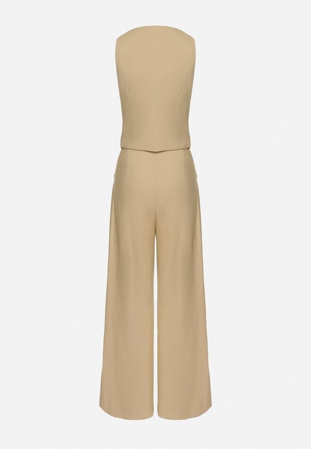 Born2be - Ciemnobeżowy Komplet w Garniturowym Stylu Kamizelka i Szerokie Spodnie Miradella. Kolor: beżowy