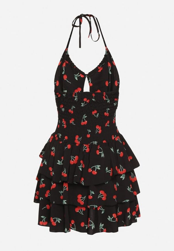 Born2be - Czarna Rozkloszowana Sukienka w Wisienki z Falbankami i Dekoltem Halter Lanideia. Okazja: na co dzień, na imprezę, na spacer. Typ kołnierza: dekolt halter, kołnierz z falbankami. Kolor: czarny. Sezon: lato. Typ sukienki: rozkloszowane. Styl: elegancki, casual