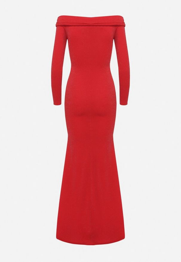 Born2be - Czerwona Dopasowana Sukienka Hiszpanka z Rozcięciem i Rozszerzanym Dołem Emilenne. Typ kołnierza: dekolt hiszpanka. Kolor: czerwony. Długość rękawa: długi rękaw. Typ sukienki: z odkrytymi ramionami. Styl: wizytowy