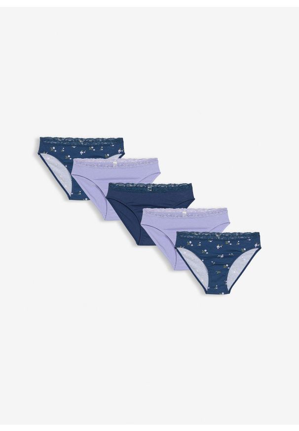 bonprix - Figi z miękkiej bawełny (5 sztuk). Kolor: niebieski. Materiał: bawełna. Wzór: koronka
