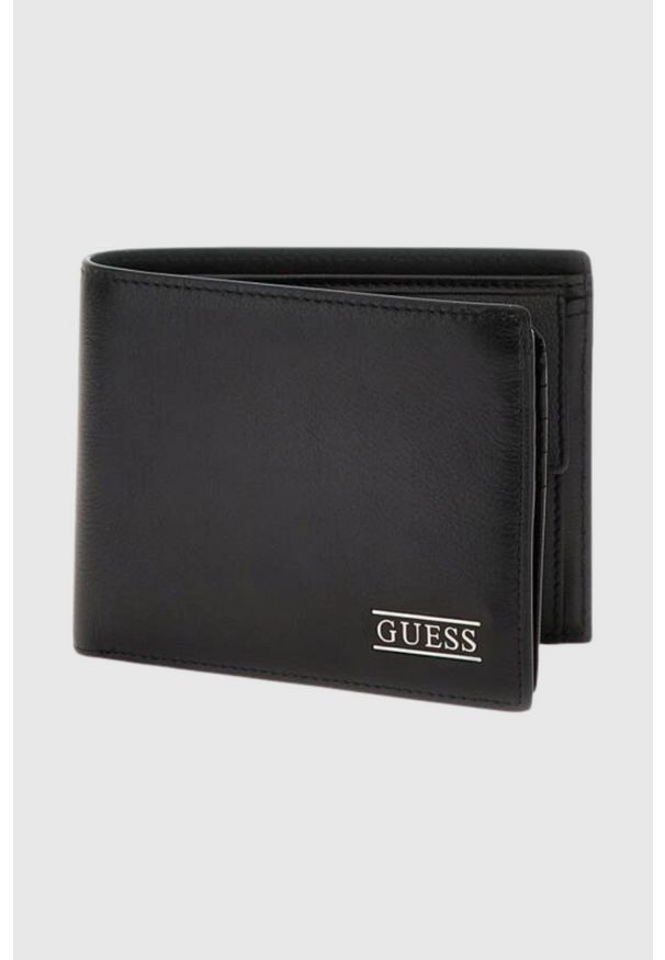 Guess - GUESS Czarny portfel męski New Bosto Bifold. Kolor: czarny. Materiał: skóra