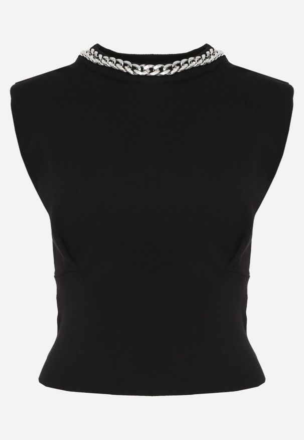 Renee - Czarny Top z Wiskozą o Fasonie Bez Rękawów z Gąbeczkami w Ramionach i Łańcuchem Brizeli. Kolor: czarny. Materiał: wiskoza. Długość rękawa: bez rękawów. Styl: rockowy