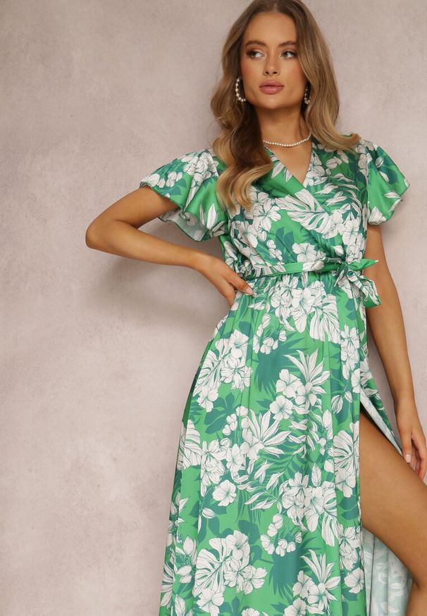 Renee - Zielona Sukienka Lecerf. Kolor: zielony. Materiał: materiał. Wzór: kwiaty. Sezon: lato. Typ sukienki: kopertowe. Styl: elegancki. Długość: maxi