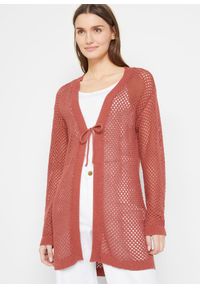 bonprix - Sweter ażurowy oversize, wiązany, z domieszką lnu. Kolor: czerwony. Materiał: len. Wzór: ażurowy #1