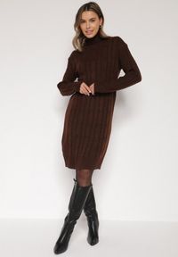 Born2be - Ciemnobrązowa Sweterkowa Sukienka z Golfem Wełną i Bawełną Ozdobiona Splotem Reiania. Okazja: do pracy, na co dzień, na spotkanie biznesowe. Typ kołnierza: golf. Kolor: brązowy. Materiał: wełna, bawełna. Wzór: aplikacja, ze splotem. Typ sukienki: proste. Styl: casual, biznesowy #1