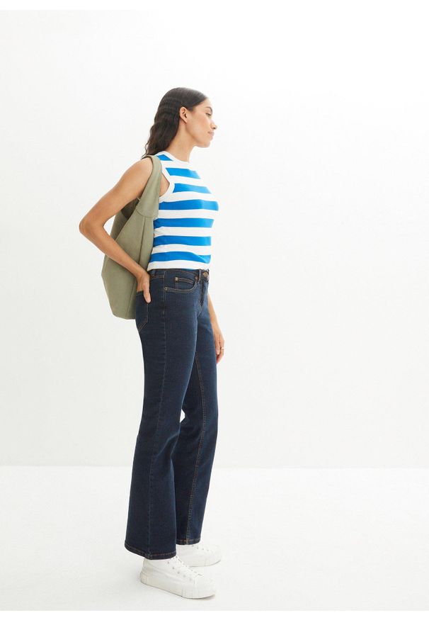 bonprix - Dżinsy ze stretchem o kroju bootcut i wysokim stanem. Stan: podwyższony. Kolor: niebieski. Styl: klasyczny