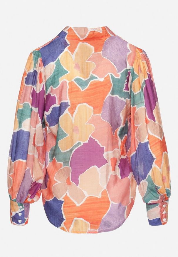 Born2be - Pomarańczowo-Granatowa Koszula Zapinana na Guziki z Rękawami Wykończonymi Szerokimi Mankietami Fumina. Okazja: na co dzień. Kolor: pomarańczowy. Materiał: wiskoza, jeans. Styl: elegancki, casual