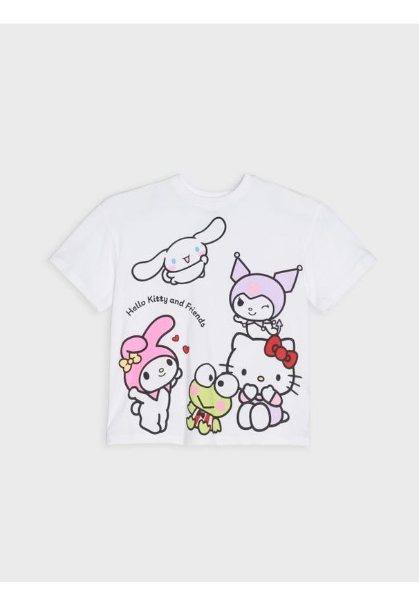 Sinsay - Bawełniana koszulka z nadrukiem Hello Kitty - kremowy. Kolor: kremowy. Materiał: bawełna. Wzór: nadruk, motyw z bajki