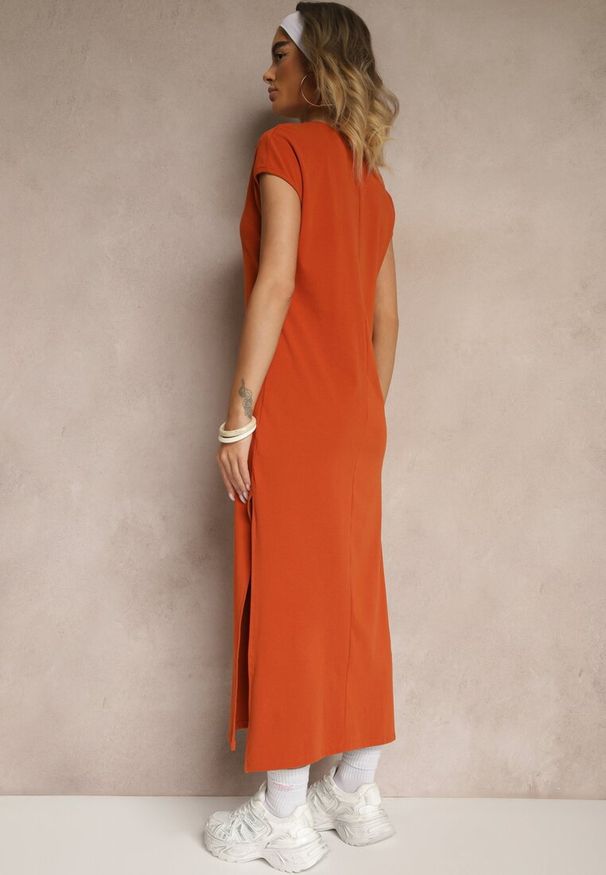 Renee - Pomarańczowa Sukienka z Bawełny o Pudełkowym Kroju i Dekolcie w V i Rozcięciami Natindra. Typ kołnierza: dekolt w kształcie V. Kolor: pomarańczowy. Materiał: bawełna. Styl: elegancki