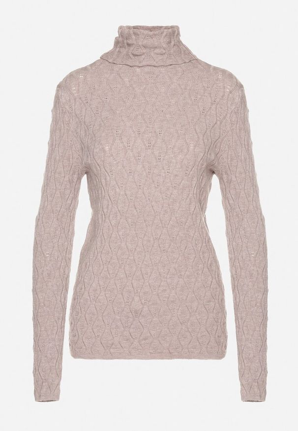 Born2be - Ciemnobeżowy Golf z Wiskozą Zdobiony Tłoczonym Wzorem i Metaliczną Nicią Ilamirael. Okazja: na co dzień. Typ kołnierza: golf. Kolor: beżowy. Materiał: wiskoza. Długość rękawa: długi rękaw. Długość: długie. Wzór: aplikacja. Styl: klasyczny, casual, elegancki