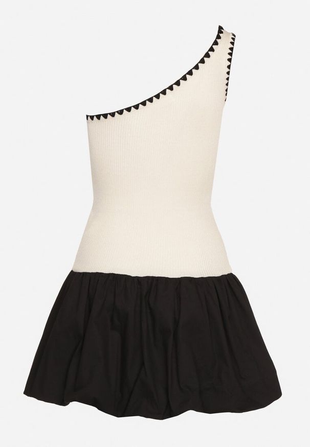 Born2be - Beżowa Asymetryczna Sukienka o Kroju Bombki z Kontrastującą Lamówką Amoiane. Okazja: na co dzień. Kolor: beżowy. Materiał: poliester. Typ sukienki: asymetryczne, bombki. Styl: casual, elegancki